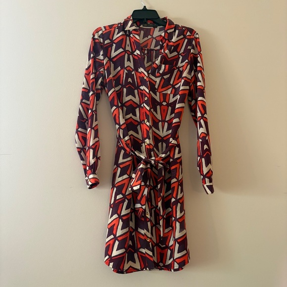 Outback Red Womens Long Sleeve Geometric Print Button Front Tie Waist Shirtdress - Picture 1 of 3